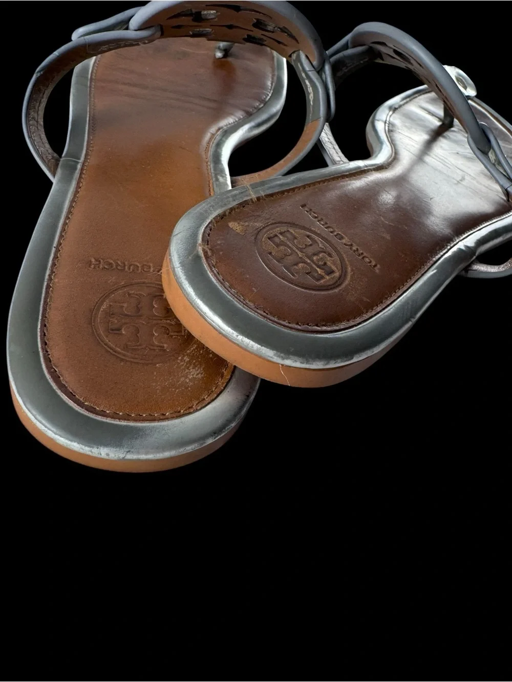 Tory Burch Brown Leather Sandals with Silver Logo Medallions